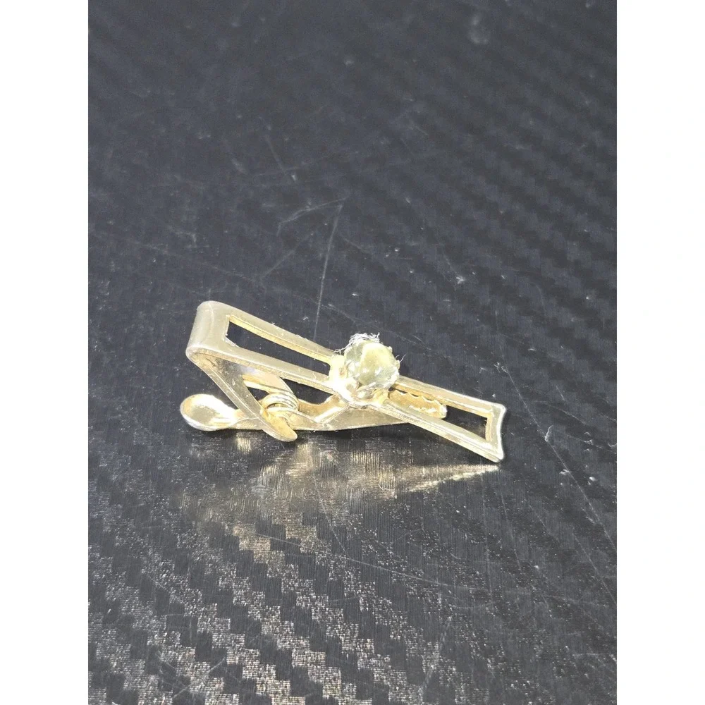 Gold Tone W/ Clear Glass Stone Tie Clip